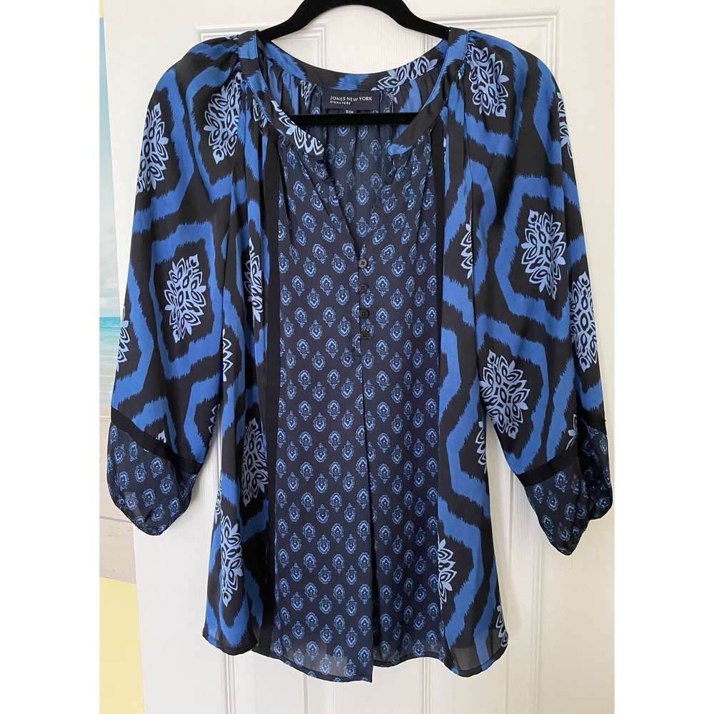 Jones New York Signature Blue Black Ikat Boho Blouse Split Neck 3/4 Sleeve Small